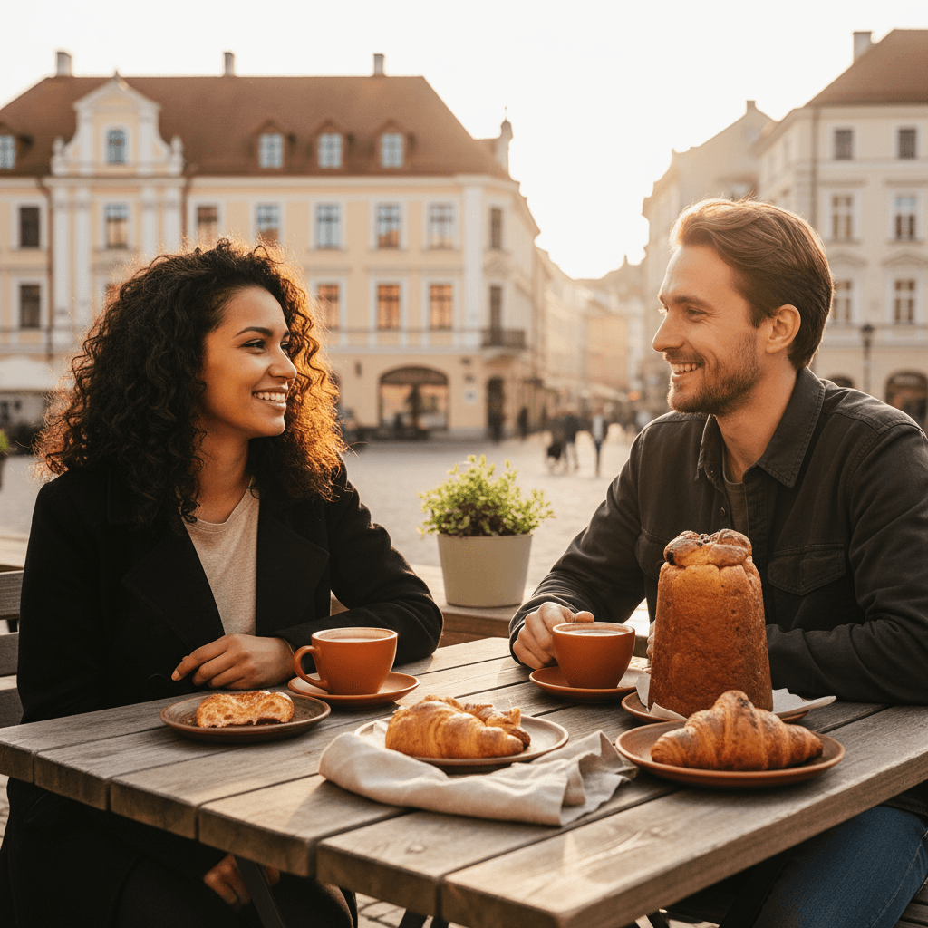 Travelers enjoying coffee and local pastries at a Baltic café