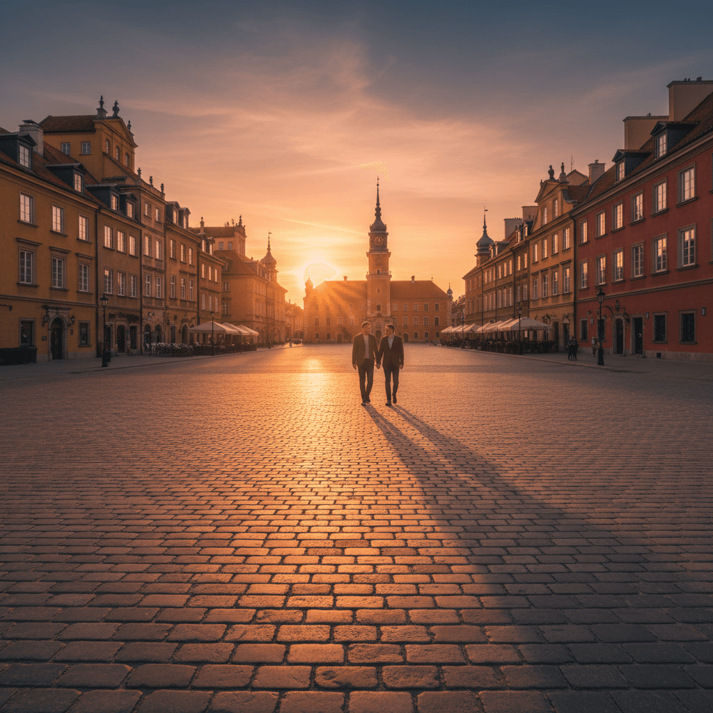 Warsaw Old Town at golden hour with historic architecture
