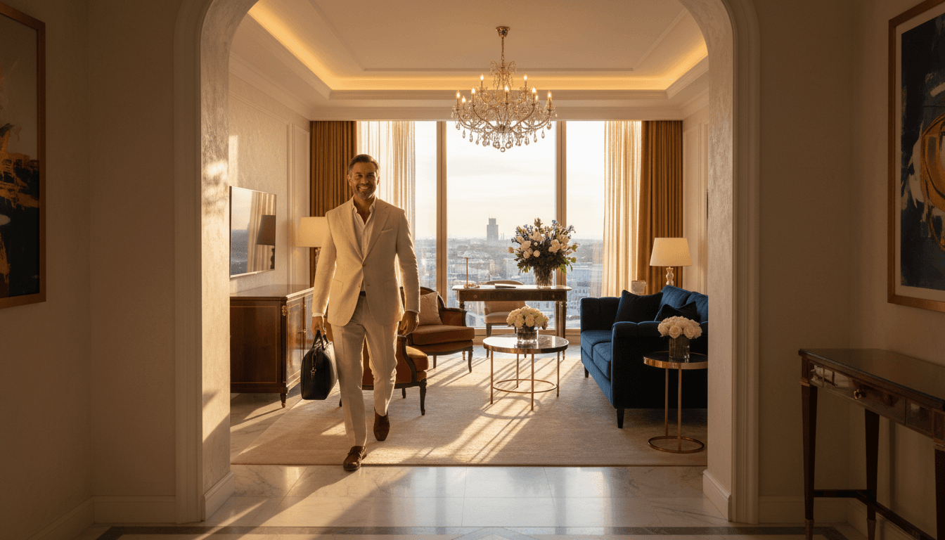 Guest entering a premium hotel suite in a Baltic capital