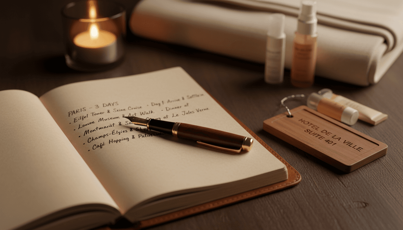 Handwritten travel itinerary with hotel key