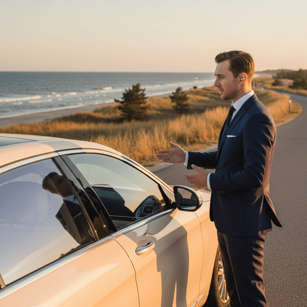 Professional driver with luxury vehicle on Baltic coastal road