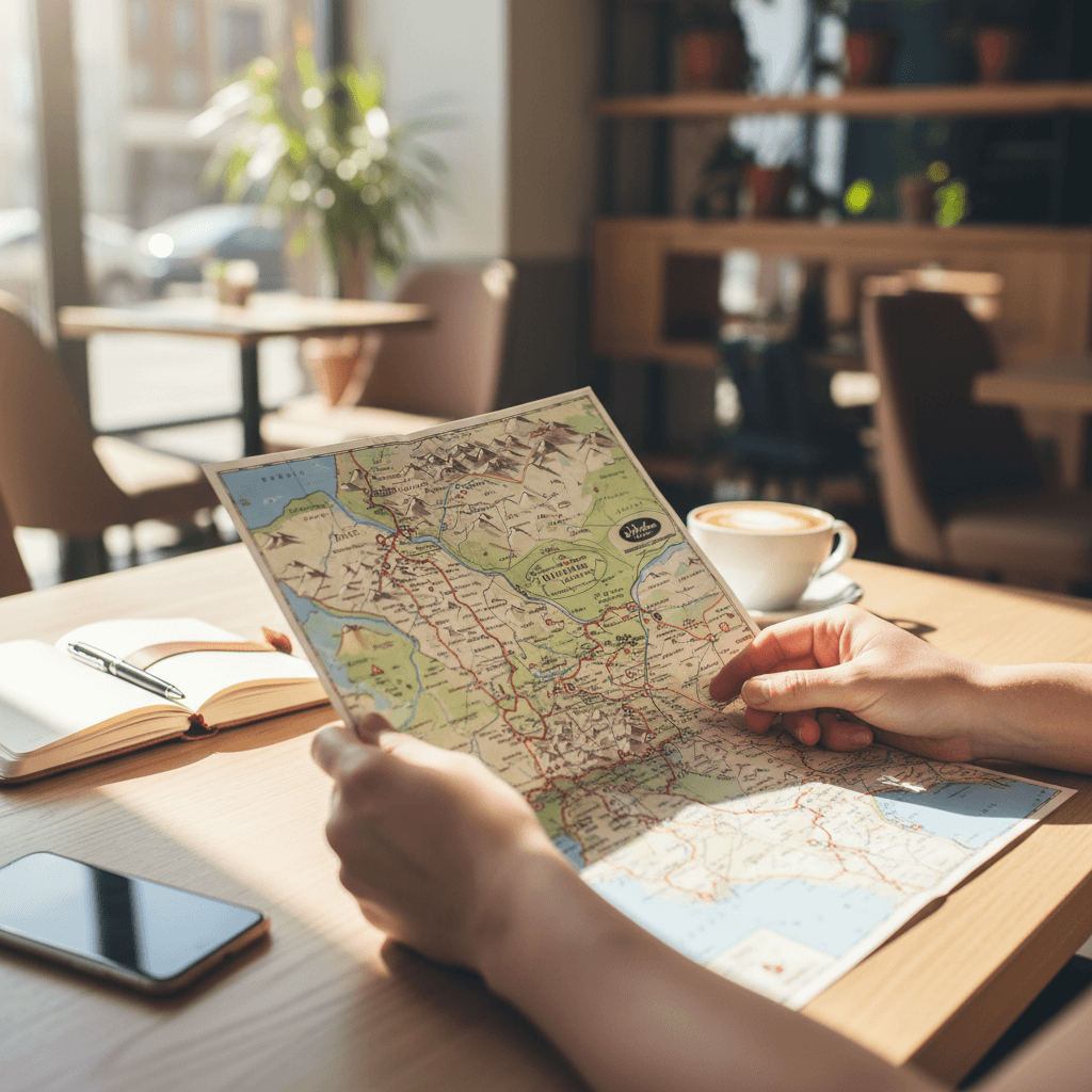 Traveler reviewing Baltic map with coffee and journal
