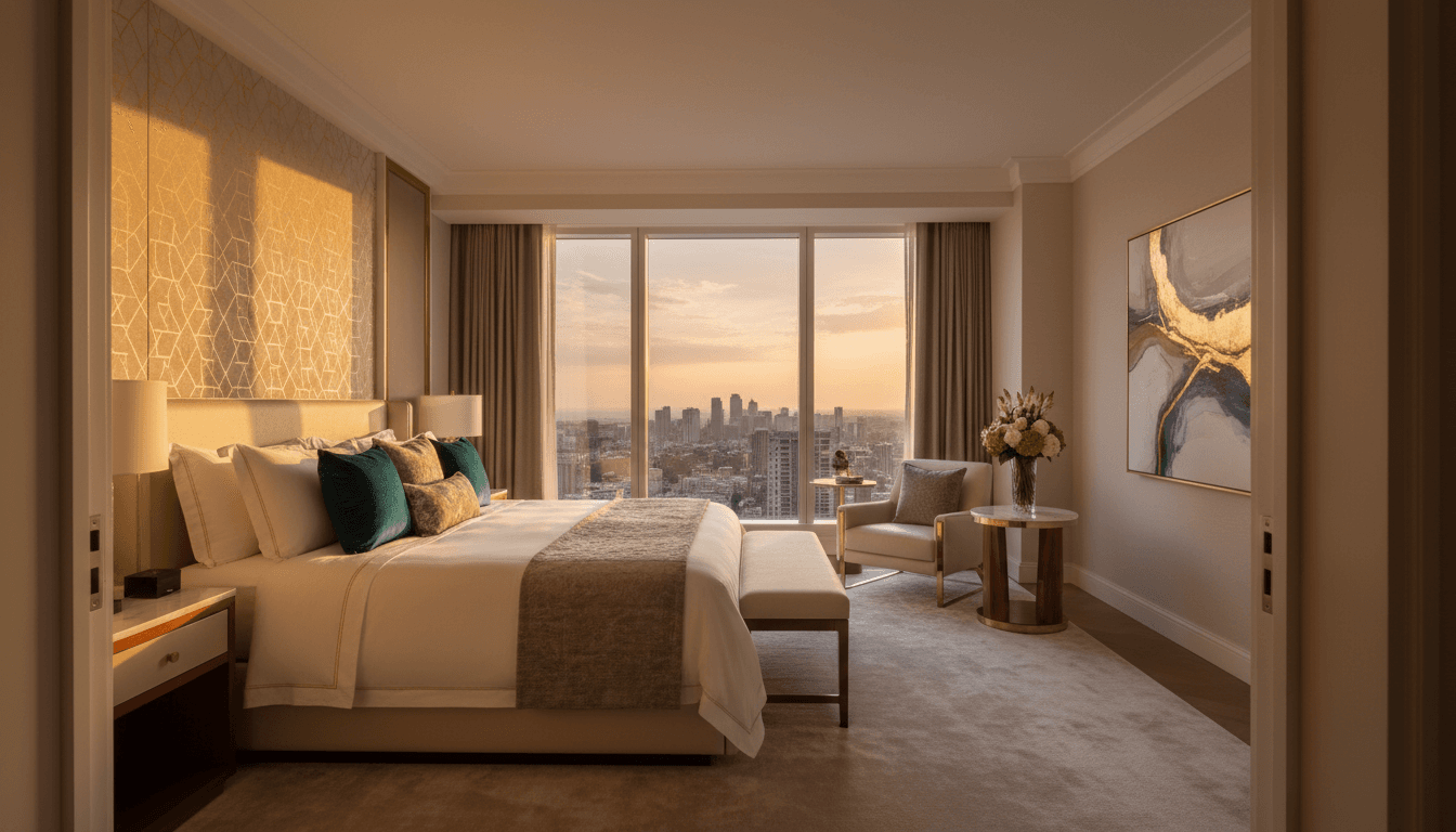 Luxury hotel suite with Baltic city view at golden hour