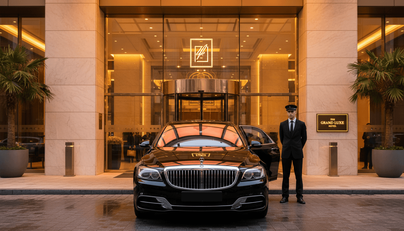 Premium sedan with driver at historic Baltic town square